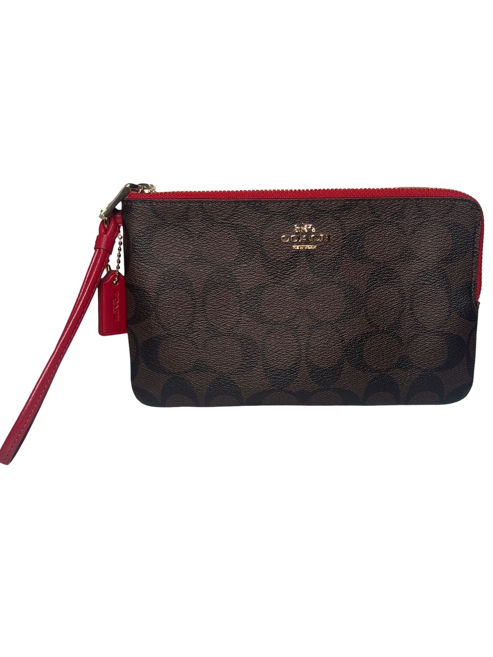 Coach Brown & Red Large Double Corner zip Wristlet NWT!
